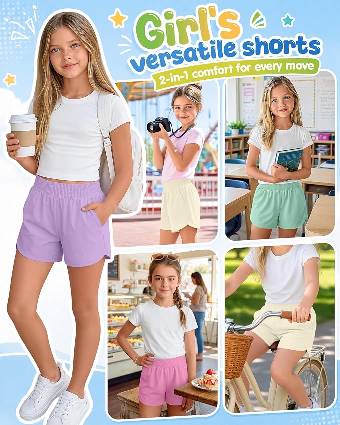 4 Pack Girls Athletic Shorts 2 in 1 Quick Dry High Waist Tween Shorts with Liner Kids Back to School Running Shorts