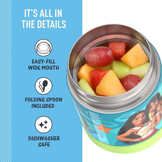 THERMOS FUNTAINER Insulated Food Jar, 10 Ounce, Kid Friendly Food Jar with Foldable Spoon, Moana