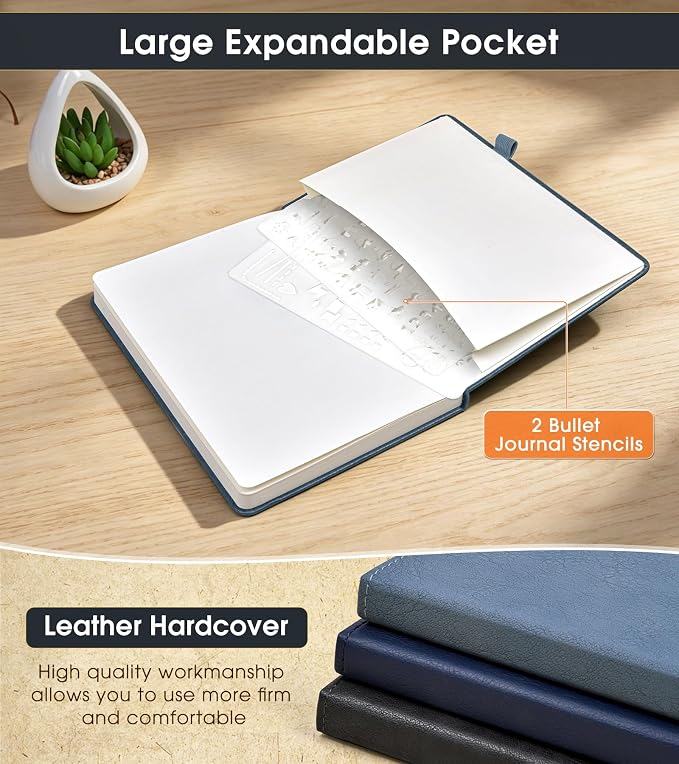 Dotted Journal Notebook, A5 Leather Hardcover, 160 Pages, 180° Lay-Flat Binding, 100 GSM Thick Paper, Dot Grid for Bullet Journaling, Planning & Daily Organization (Dusty Blue)