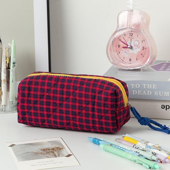 Pencil Case Office College School Storage Bag Pouch Holder Box Organizer Makeup Pouch Cosmetic Bag Aesthetic Cute Pen Case for Girls Boys Kids (Plaid red)