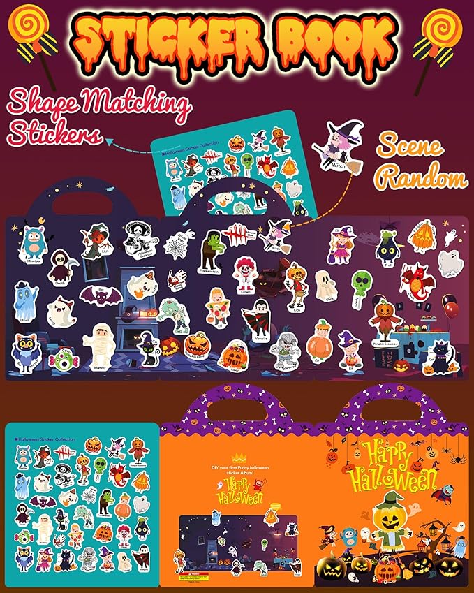 Benresive Reusable Sticker Book for Toddlers, Stickers for Kids, Travel Toys for Arts & Crafts Activities, Birthday Gift for Boys & Girls, Halloween Themes
