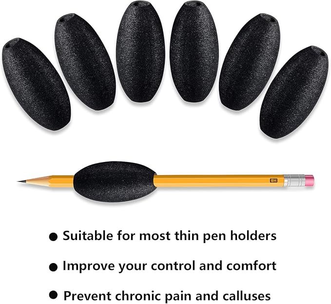 Zonon Writing Aid Trainer for Adults Foam Egg Grips Pen Cushioned Holders Writing Aid Trainer for Handwriting Drawing Preschool Supplies Right or Left Hand Use, 6 Pieces(Black)