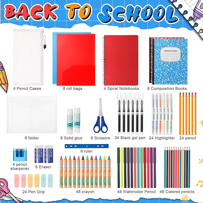 Gilprop 4 Set 2026 School Supplies Kit, 47 Pcs Per Set Back to School Supplies Primary Middle College Bundle Essential Stuff Bulk Pen Notebook Stationery for Kid Student Girl Teen Classroom Boy