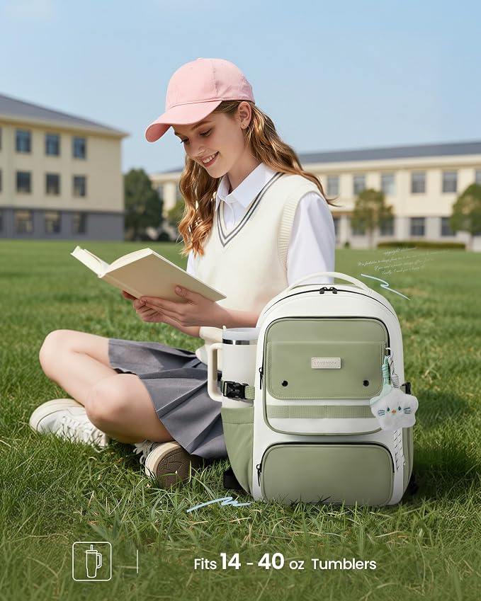 LOVEVOOK School Backpack for Teen Girl, Cute Bookbag with Large Bottle Holder, Lightweight Elementary Middle High School Student Backpack Fits 15.6 Inch Laptop, Back to Schools Kid Gift, Green-Cream