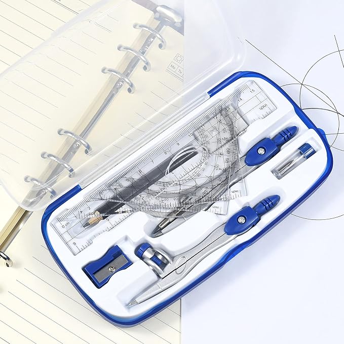 Unjoo Math Geometry Kit Sets 10 Piece Student Supplies with Shatterproof Storage Box,Includes Rulers,Protractor,Compass,Eraser,Pencil Sharpener,Lead Refills,Pencil,for Drafting and Drawings（Navy blue）