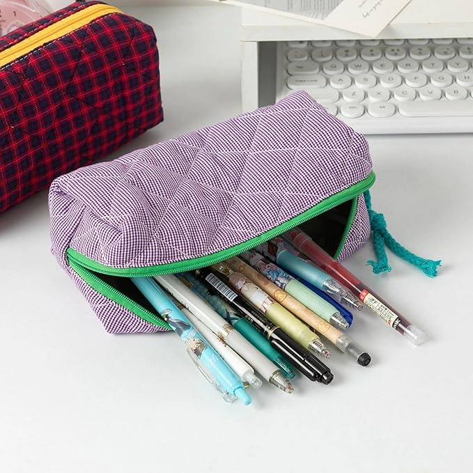 Pencil Case Office College School Storage Bag Pouch Holder Box Organizer Makeup Pouch Cosmetic Bag Aesthetic Cute Pen Case for Girls Boys Kids (Plaid orange)