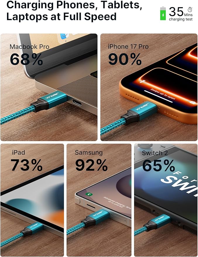 JSAUX 100W USB C to USB C Cable [2-Pack 6.6FT], Type C Fast Charging Cord for iPhone Air/iPhone 17/iPhone 17 Pro/iPhone 17 Pro Max, iPhone 16/15 Series, Galaxy S/Note Series, MacBook, iPad - Green