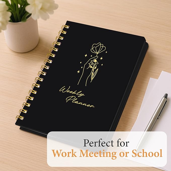 Undated Weekly Planner & Notebook for Work, School & Home — Aesthetic Hardcover Spiral Blank Planner with Habit Tracker, Goal Organizer & To Do List—124 No-Bleed Pages, 6.4×8.5", Black