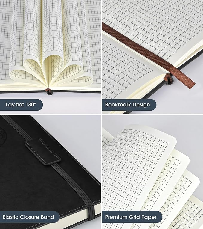 Biuwory Graph Paper Notebook Journal for Women Men,140 Pages Hardcover Grid Notebooks for Work & School,Leather Journals for Writing, Graphing Paper Notebook 5.7"×8.3" (Black)