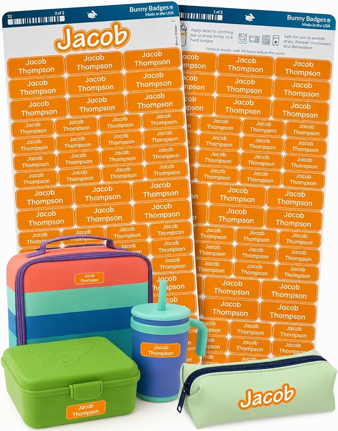 Bunny Badges Personalized Daycare Name Labels for Kids (120 Labels) Custom Label for Clothing Tag - Waterproof Name Stickers for Clothing Tags, Bottles, Backpacks and School Supplies (Bright Orange)
