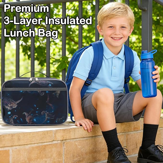 FlowFly Kids Lunch box Insulated Soft Bag Mini Cooler Back to School Thermal Meal Tote Kit for Girls, Boys, MyDinosaur
