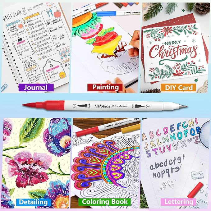 Halobios Dual Tip Art Markers - 120 Numbered Colors (Brush & Fine Point) Marker Pens, No Bleed Through for Adult Coloring Books, Drawing, Calligraphy, Hand Lettering & Journaling