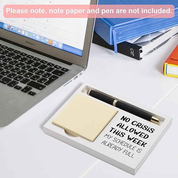 Funny Desk Note Holder for Office Women Men, No Crisis Allowed This Week, White Wood Sticky Note Tray Organizer, Humorous Coworker Gift, Work Desk Accessories for Professionals - FTB314