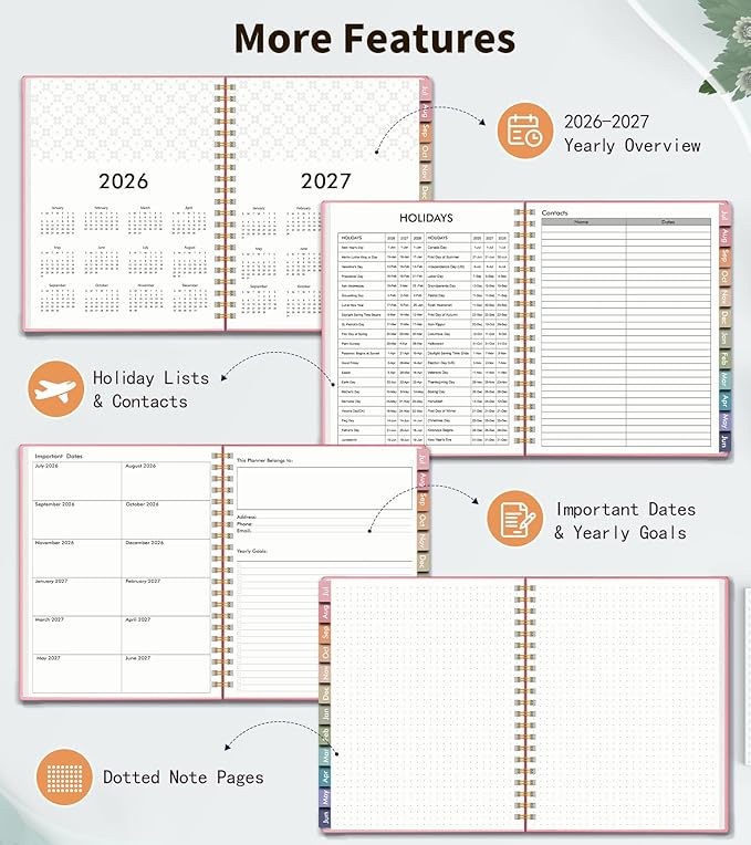 Academic Planner 2026-2027, Weekly and Monthly Calendar Planner from July 2026 - June 2027, 6.1" x 8.2" A5 Large Daily Agenda Book with Tabs, Flexible Cover, College School Organizer for Student Teacher,Pink