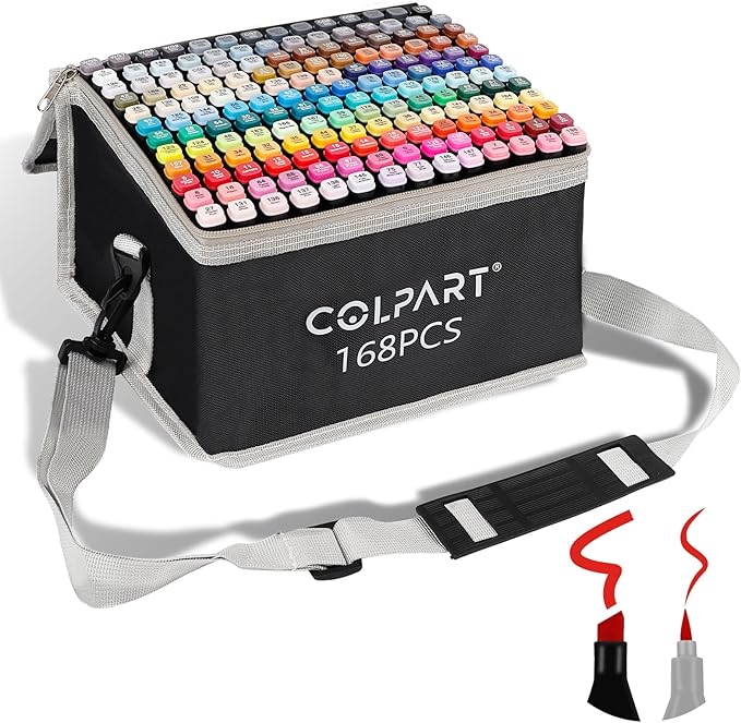 colpart 168 Colors Alcohol Markers Brush Tip Dual Tip Art Marker Pens with Pen Holder and Carry Bag for Adult Coloring Painting Supplies Perfect for Painting, Coloring, Sketching and Drawing