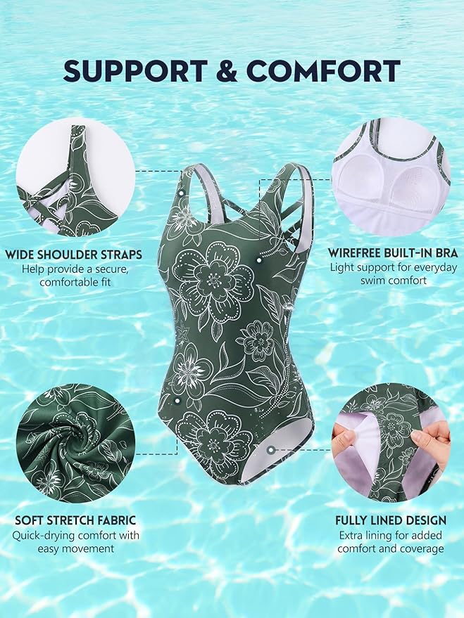 Modest Full Coverage One Piece Swimsuit Floral Bathing Suit Criss Cross Back Swimwear with Built-in Bra
