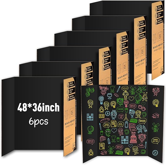 6 Pack Trifold Poster Board 48" X 36", IKAYAS Black Poster Boards, Science Fair Display Boards Posterboards for Mounting, Prints,Art,Display,Projects Classroom Supplies
