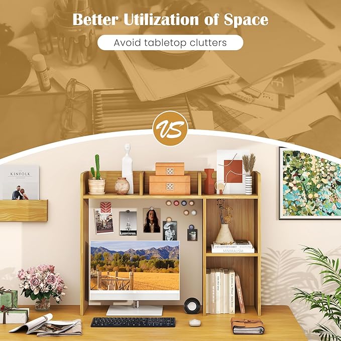 Giantex Desktop Bookshelf, Wood Desk Hutch Organizer for 27 Inch Computer Monitor, Countertop Storage Display Rack with 5 Shelves, Multipurpose Desktop Shelf Bookcase for Dorm Office Home (Burlywood)