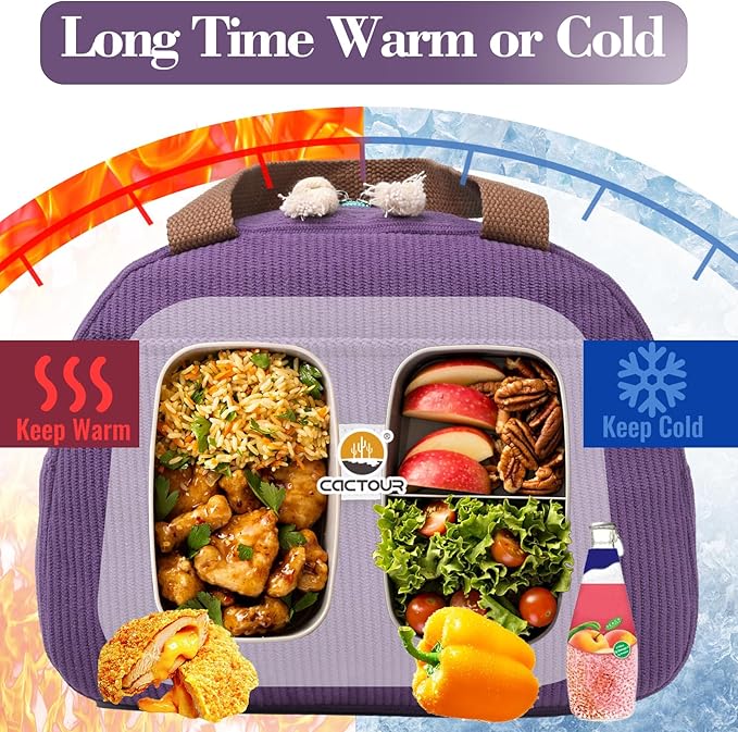 CaCTOUR Lunch Box Lunch Bag for Women Girls Teens, Cute Lunch Box Cooler Bag, Portable Small Insulated LunchBox Reusable Corduroy Lunch Tote for Work/Travel/Picnic/School (Purple)