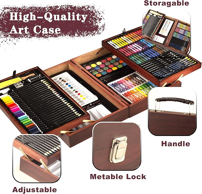 KINSPORY 168 Pack Wooden Art Set, Deluxe Painting Drawing Kit, 3 Coloring Books, Oil Pastels, Watercolor Paints, Art Crafts Supplies, Creative Gift Set for Beginners, Kids, Boys, Girls & Artists (Red)