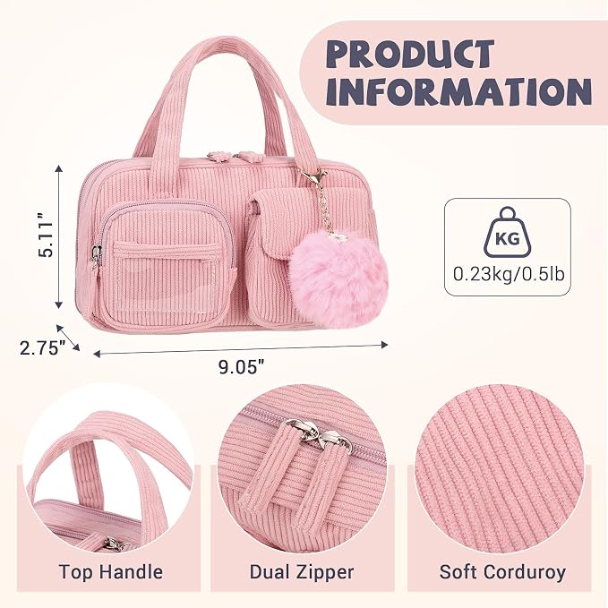 Pencil Case Corduroy Multiple Compartments Pouch Bag for Girl, Pink