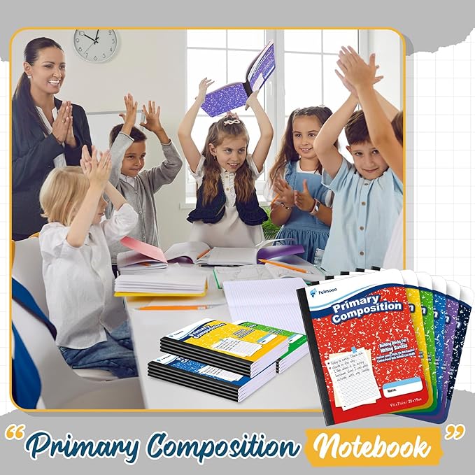 Fulmoon 24 Pack Primary Composition Notebook,Grade K-2 Journal Wide 3 Line Ruled,80 Pages,Marble Cover,7-1/2" x 9-3/4" Primary Writing Notebook for Kindergarten Preschool,1st 2nd Grad (Mix Color)