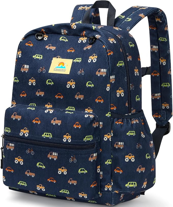 STEAMEDBUN Corduroy Kids Backpack for Boys and Girls 5-8: Boys Backpack for Elementary Kindergarten - 15 inch Cute Backpacks for Kids - Car