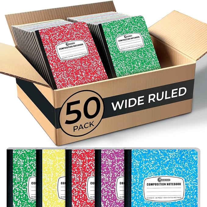 Rosmonde 50 Pack Bulk Composition Notebooks, Wide Ruled, 200 Pages (100 Sheets), 9-3/4 x 7-1/2, Hard Cover, Bulk School Supplies, Assorted Colors Marble Composition Journal, Bulk Notebooks for School