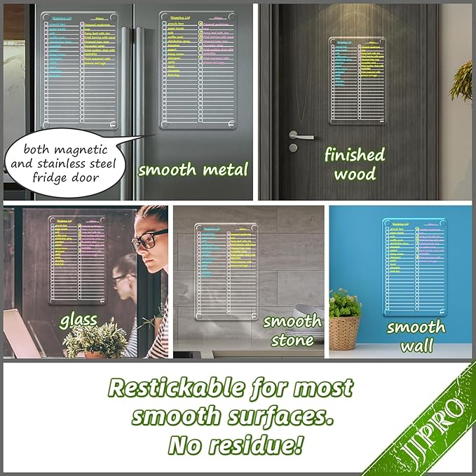 JJPRO Non-Magnetic Dry Erase List Board for Fridge, 8.5"x13" Clear Reusable to Do List for Refrigerator, Grocery List for Refrigerator,Cabinet,Wall&Glass, All Smooth Surfaces