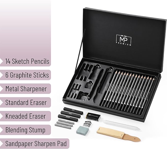 Mr. Pen- Drawing Sketching Pencil Set, 25 pcs, Graphite Pencils (10B-6H), Graphite Sticks, Erasers, Sharpener, Blending Stump & Sandpaper Pad for Drawing, Shading & Art Projects