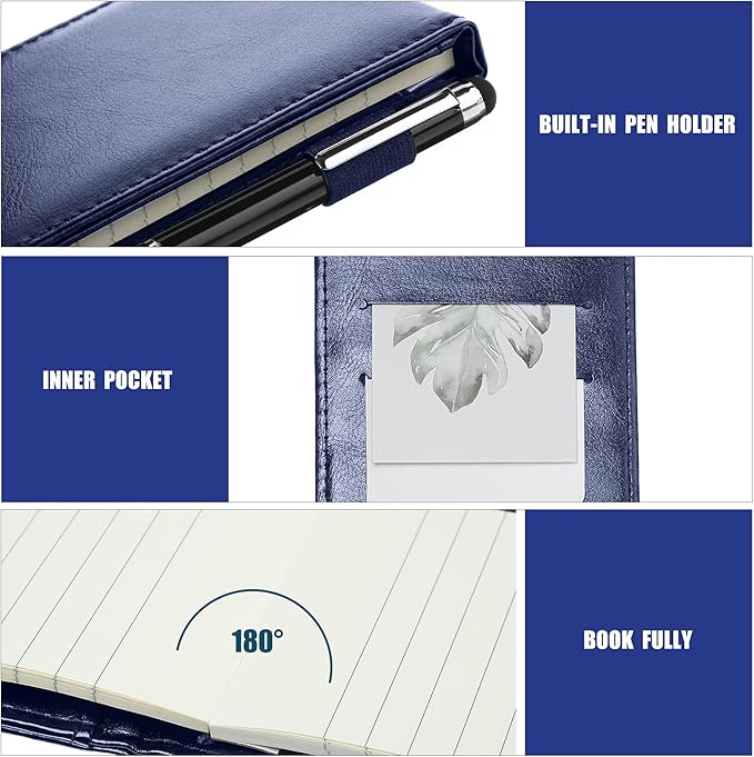 Outus 10 Pcs Mini Pocket Notepad Holder Set Included Small Leather Pocket Notebook Holder with 50 Lined Sheets, Metal Pen, 8 Pcs 3 x 5 Inch Memo Book Refills, 30 Lined Paper Per Note Pad (Blue)