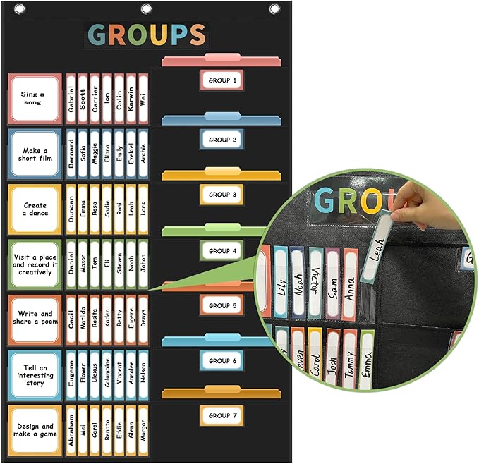 REGELETO Boho Small Group Management Pocket Chart with 114 Cards, Large Size 46 x 26.3 inch Classroom Small Group Organizer for School Teacher Homeschool Learning Supplies (Black)