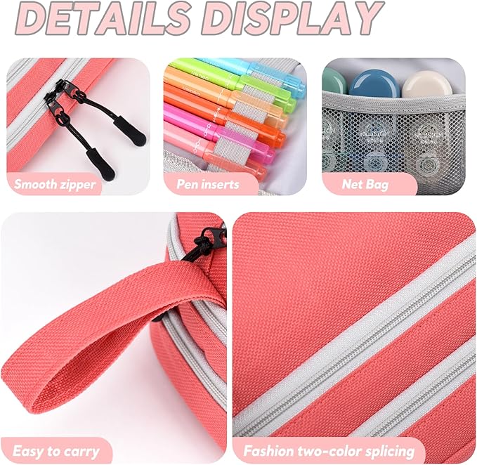 Genteen Large Capacity Pencil Case,Multifunction Pencil Pouch,Pencil Bags with Zipper 3 Compartments Pencil case organizer for or School Teen Girl Boy Men Women（Pink）