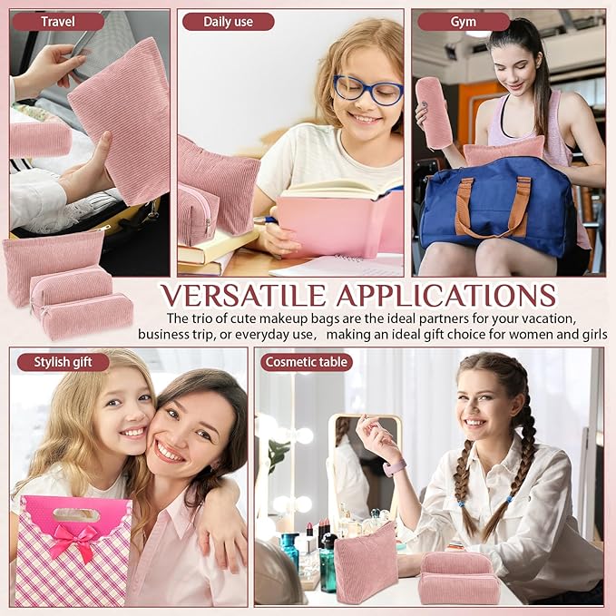 Huhumy 3 Pcs Makeup Bag Set for Women Corduroy Cosmetic Pouch Aesthetic Smile Travel Toiletry Bag Cute Purse Pouch Pencil Case Makeup Brushes Storage Organizer with Zipper(Pink,Solid Style)