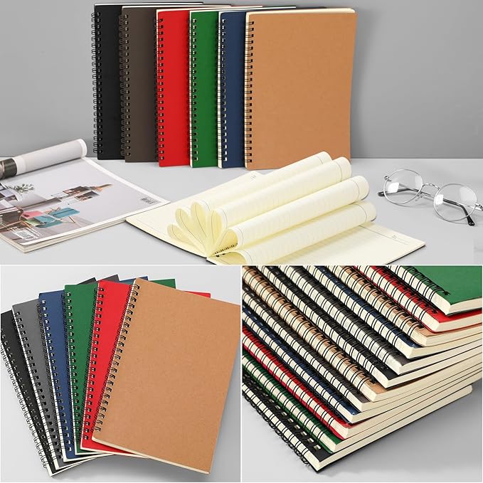 Leelosp 12 Pcs Small Spiral Notebook Lined Spiral Journal College Ruled Notebook Wire Bound Kraft Cover, 120 Pages for Work (Red,Green,Black,Blue,Brown,Gray,5.5 x 8.3 Inch)