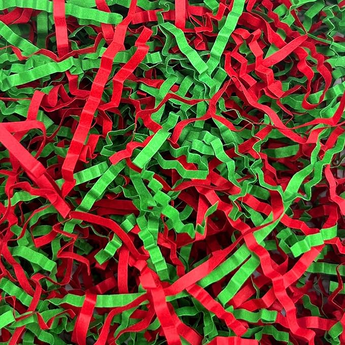 Tisspoms 1LB Red Green Crinkle Cut Paper Shred Filler, Paper Shreds for Basket Fillers, Birthday, Gift Wrapping, Anniversary, New Years, Christmas Gift Decor Party Filler