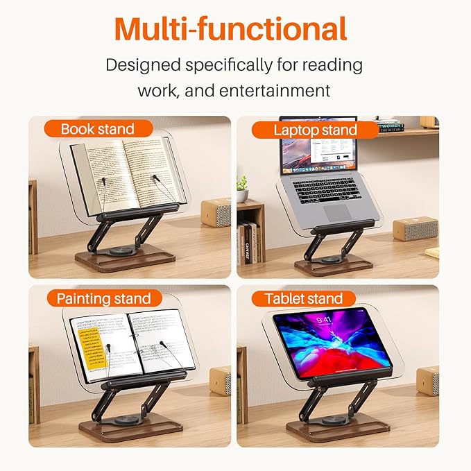 BYMECOST Acrylic Book Stand for Reading, 360°Rotating Book Holder with Pen Slot, Adjustable Height and Angle, Elastic Clips for Cookbook Stand, Foldable Desktop Riser for Laptop,Tablet,Recipe,Magazine