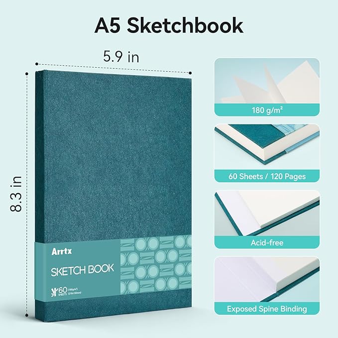 Arrtx Premium Sketch Book A5 (120 Pages, 180 GSM) - Thick Acid-Free Drawing Paper, Hardcover Art Sketch Pad | 8.3” x 5.9” | Ideal for Artists, Students, Professionals