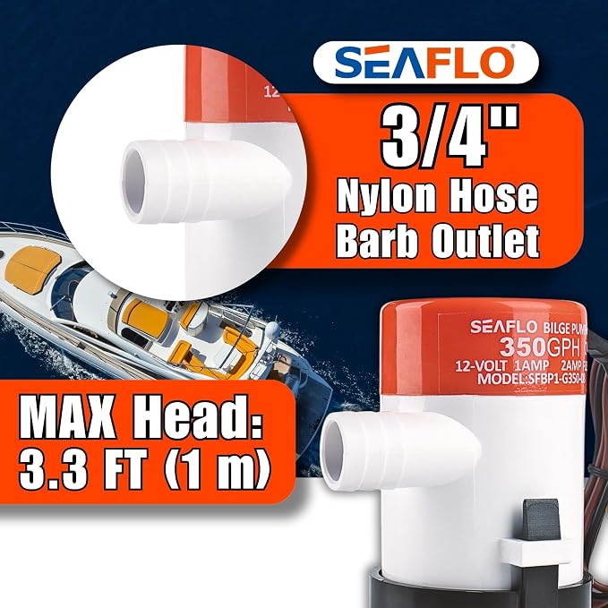 SEAFLO 01 Series 350 GPH Bilge Pump – 12V, 3/4" Outlet, Marine Submersible Pump with Anti-Airlock Protection, CE & Rohs Certified, 4-Year Warranty | Reliable for Boats and Marine Applications