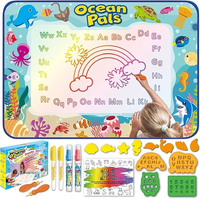 ANIMOLDS Water Doodle Mat 40″ × 32″ – Aqua Magic Drawing Board for Toddlers & Kids | Alphabet Safari Theme Educational Art Play Mat | Reusable, Mess-Free Water Painting Toy