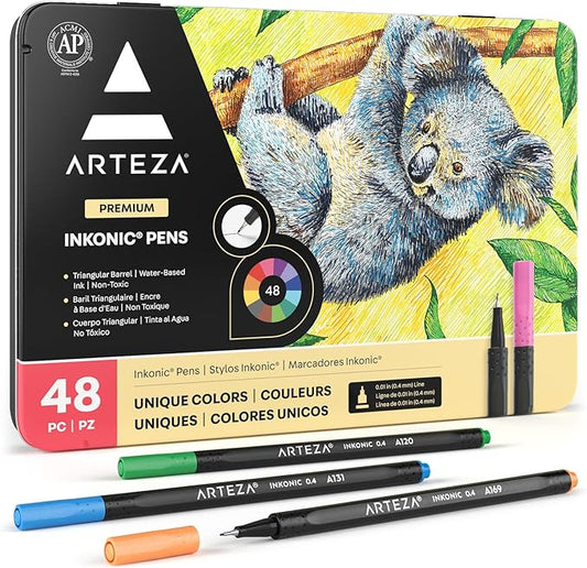 ARTEZA Inkonic Fineliner Pens, Set of 48, 0.4 mm Fine Tip Markers for Drawing, Journaling, Coloring & Note Taking