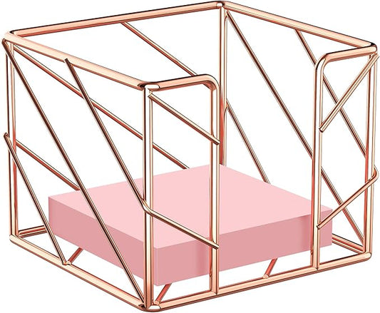 Rose Gold Geometric Sticky Note & Memo Cube Holder, Post Note Dispenser & Desk Organizer Metal Wire for Home, School, Office Supplies (Holder Only)