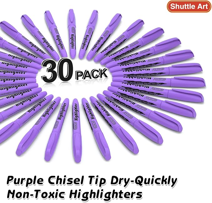 Shuttle Art Highlighters, 30 Pack Purple Highlighter Pen Bright Colors, Chisel Tip Dry-Quickly Non-Toxic Highlighter Markers for Adults Teachers Students Highlighting in Home School Office