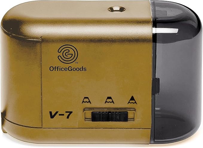 OfficeGoods Electric Pencil Sharpener - Battery or Cord Powered Portable Sharpener - Perfectly Sharpens Colored Pencils, Drafting Pencils for Kids, Adults, Office, School and Home - Gold