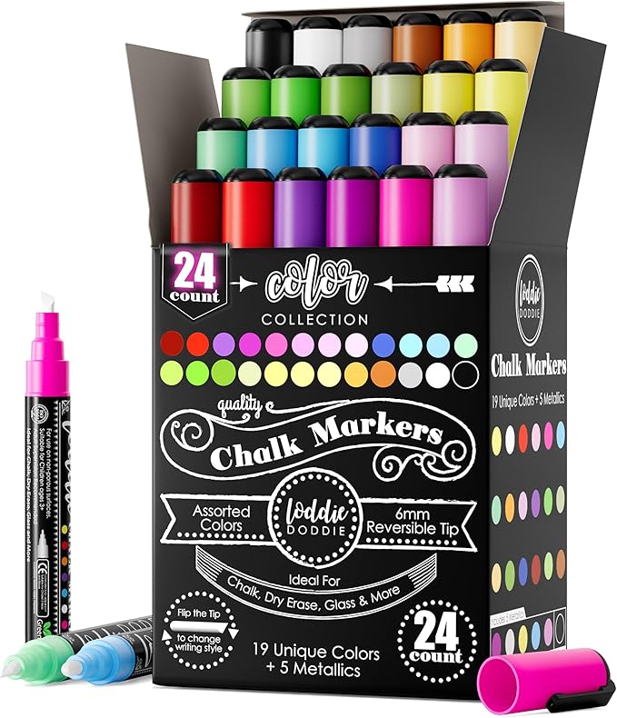 Loddie Doddie Chalk Markers - Pack of 24, 6mm Reversible Tips - Liquid Chalk Pens for Glass Surfaces & Windows - Erasable Pens for Chalkboard Calendar - Non-Toxic Chalkboard Markers