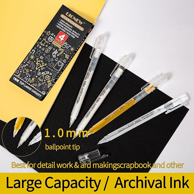 Qionew Gold Gel Pens, 1.0mm Gold Gel Ink Pen Set,Opaque Ink, Gel Pen for Artists, 4 Pack, for Black Paper Drawing, Bullet Journaling, Card Making, Art Highlight & Artists Drawing