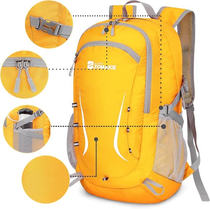 ZOMAKE Lightweight Packable Backpack 35L, Foldable Backpacks Water Resistant Collapsible Light Daypack for Hiking(Yellow) | Light Hiking Backpacks Water Resistant Collapsible Day Pack for Travel, Everyday Carry, Multi-Pocket Layout, Heavy Duty Nylon