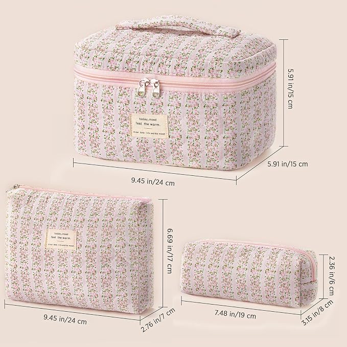 HBselect Quilted Makeup Bag, 3Pcs Cotton Large Travel Makeup Bags Organizer | Cute Floral Make up Bag Cosmetic Bag Toiletry Bag for Women Girls, Makeup Pouch for Skincare, Brushes & Travel Essentials
