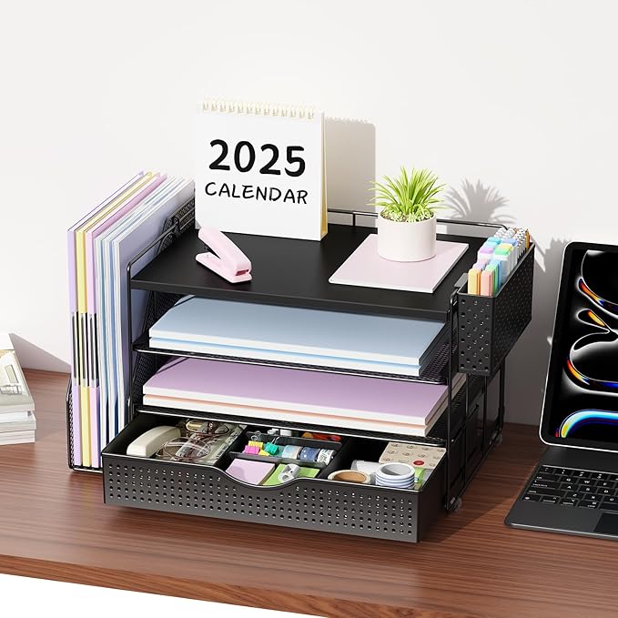 gianotter Wood Desk Organizers and Accessories with File Holder, 4-Tier Desk Accessories & Workspace Organizers with Drawer and Pen Holder, Desk Reference Organizer (Black, 4T with Drawer)