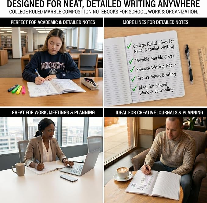 Trail maker 5 Pack Composition Notebooks, College Ruled Marble Cover, 200 Pages (100 Sheets), 9.75 x 7.25, Bulk School Supplies for Classroom, Office & School Donations
